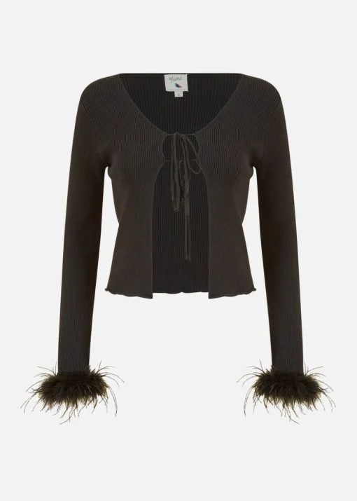 Yumi Black Ribbed Bolero With Feather Cuffs