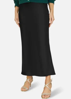 Yumi Black Satin Midi Skirt
