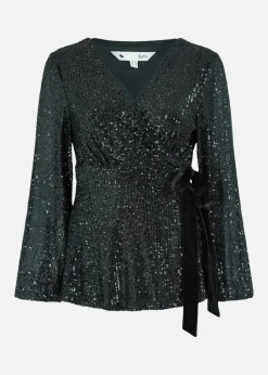 Yumi Black Sequin Wrap Top With Velvet Tie