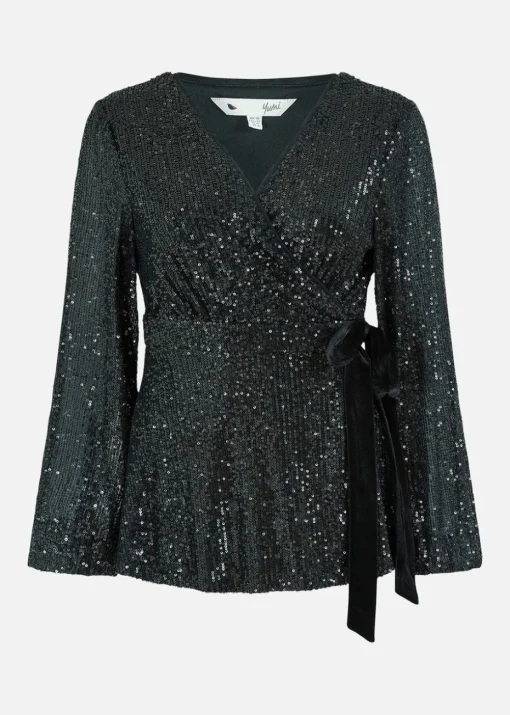 Yumi Black Sequin Wrap Top With Velvet Tie