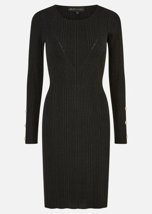 Yumi Black Shimmer Fitted Midi Dress With Button