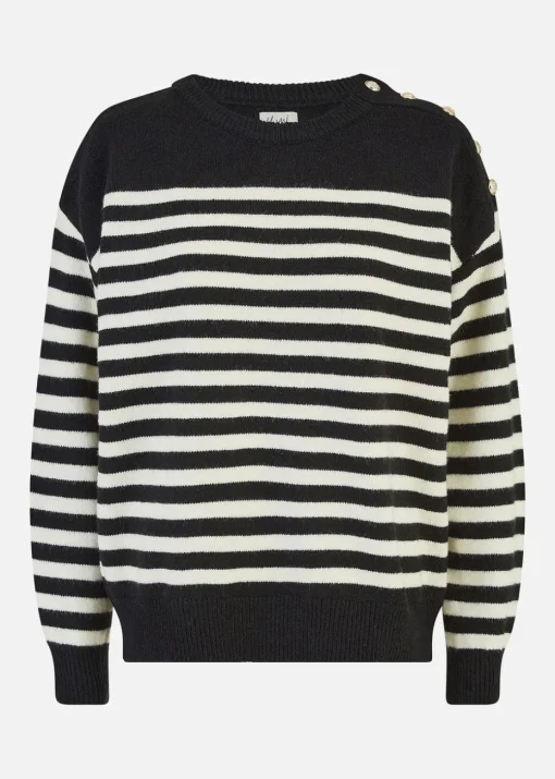 Yumi Black Stripe Knitted Relaxed Jumper With Button Details