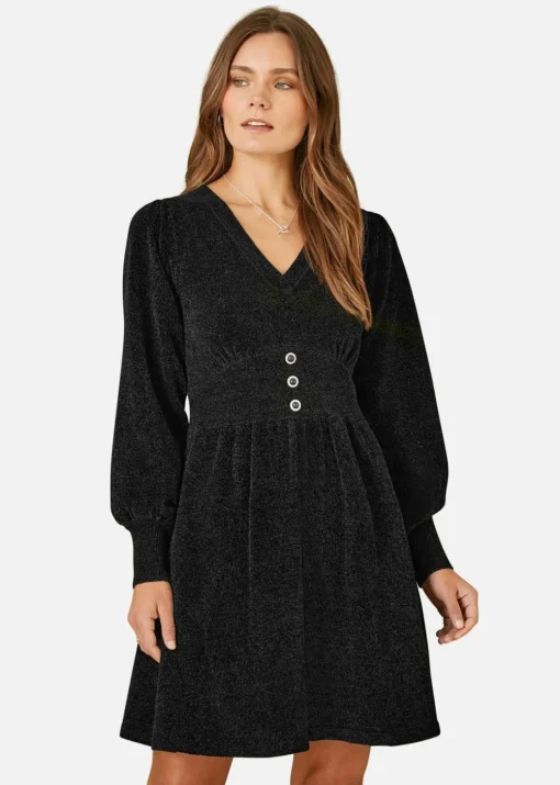 Yumi Black V Neck Empire Line Knitted Skater Dress