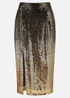 Yumi Black/Gold Sequin Split Fitted Midi Skirt