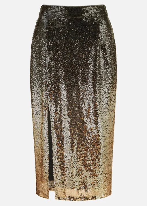 Yumi Black/Gold Sequin Split Fitted Midi Skirt