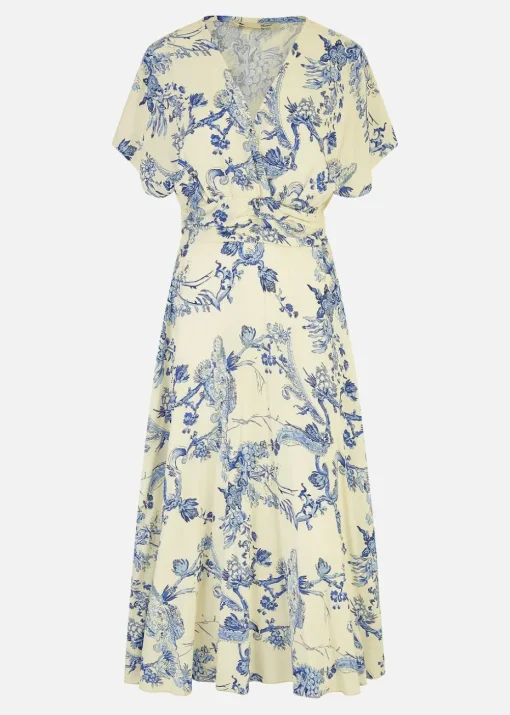 Yumi Blue And White Print Ruched Waist Kimono Midi Dress