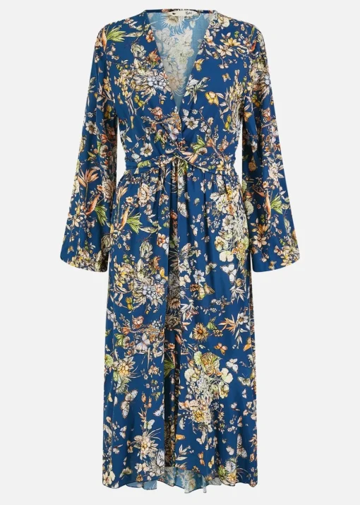 Yumi Blue Butterly Floral Tie Knot Front Long Sleeve Midi Dress
