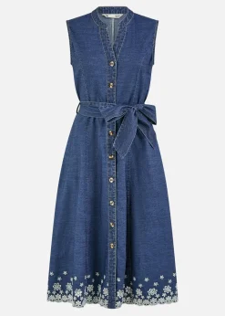 Yumi Blue Chambray Cotton Midi Embroidered Shirt Dress