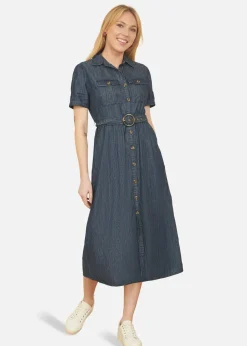 Yumi Blue Chambray Utility Midi Denim Shirt Dress
