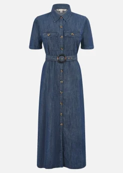 Yumi Blue Chambray Utility Midi Denim Shirt Dress