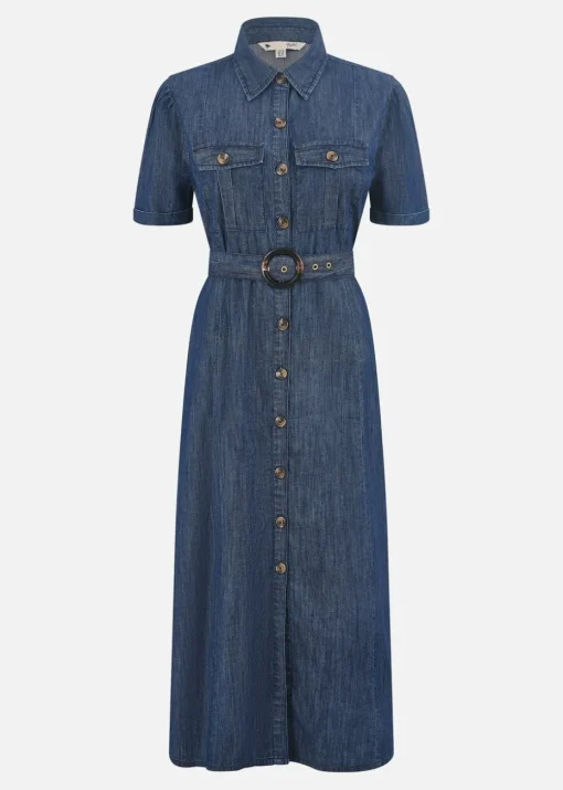 Yumi Blue Chambray Utility Midi Denim Shirt Dress