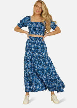 Yumi Blue Cotton Voile Floral Ruched Waist Midi Skirt