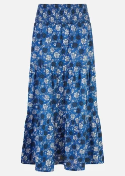 Yumi Blue Cotton Voile Floral Ruched Waist Midi Skirt