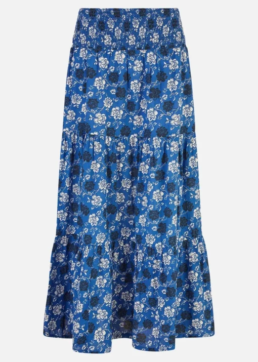 Yumi Blue Cotton Voile Floral Ruched Waist Midi Skirt