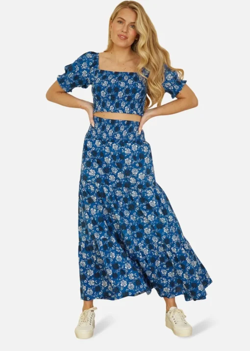 Yumi Blue Cotton Voile Floral Ruched Waist Midi Skirt