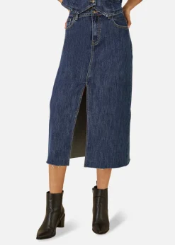 Yumi Blue Denim Stretch Fitted Midi Skirt With Front Split