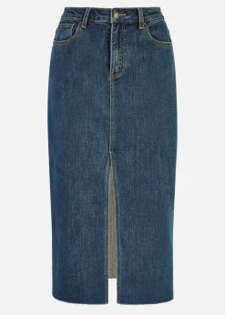 Yumi Blue Denim Stretch Fitted Midi Skirt With Front Split