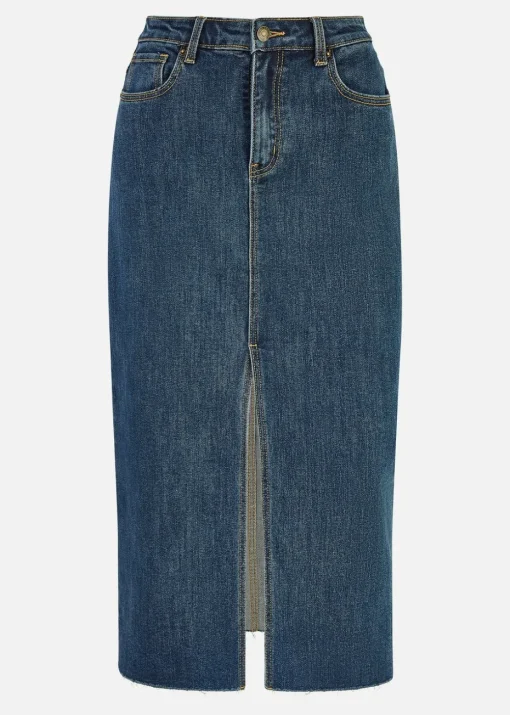 Yumi Blue Denim Stretch Fitted Midi Skirt With Front Split
