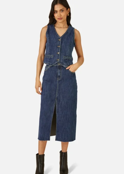 Yumi Blue Denim Stretch Fitted Midi Skirt With Front Split
