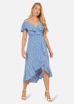 Yumi Blue Ditsy Print Bardot Midi Dress With Dip Hem