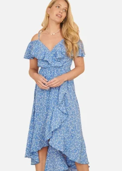 Yumi Blue Ditsy Print Bardot Midi Dress With Dip Hem