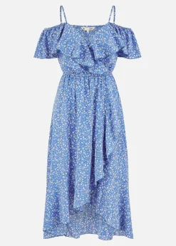 Yumi Blue Ditsy Print Bardot Midi Dress With Dip Hem