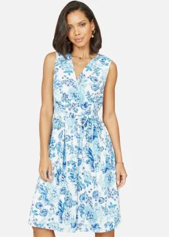 Yumi Blue Floral Wrap Over Skater Dress