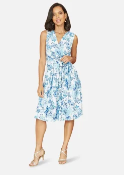 Yumi Blue Floral Wrap Over Skater Dress