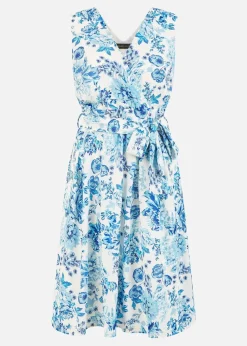 Yumi Blue Floral Wrap Over Skater Dress