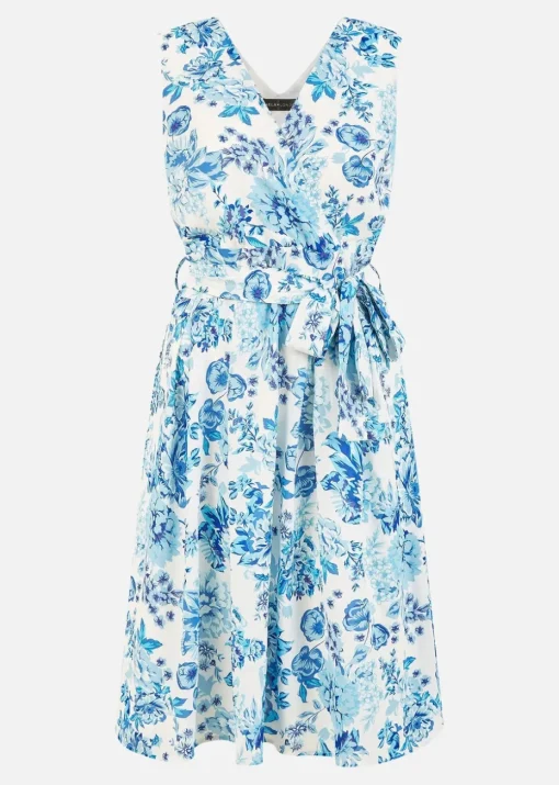 Yumi Blue Floral Wrap Over Skater Dress