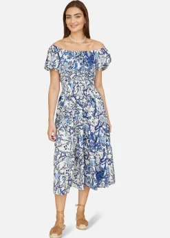 Yumi Blue Ruched Waist Bardot Blossom Tree Print Midi Dress