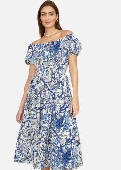 Yumi Blue Ruched Waist Bardot Blossom Tree Print Midi Dress