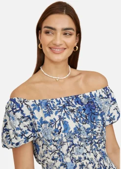 Yumi Blue Ruched Waist Bardot Blossom Tree Print Midi Dress