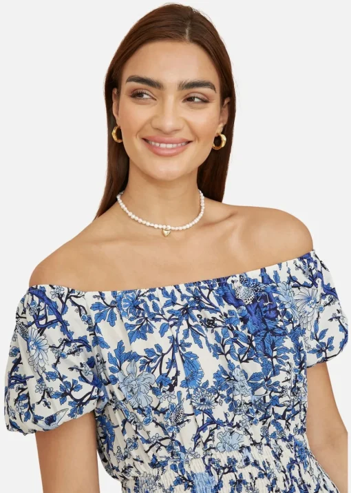 Yumi Blue Ruched Waist Bardot Blossom Tree Print Midi Dress