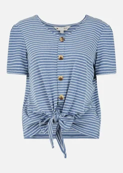 Yumi Blue Striped Jersey Button Detail Top
