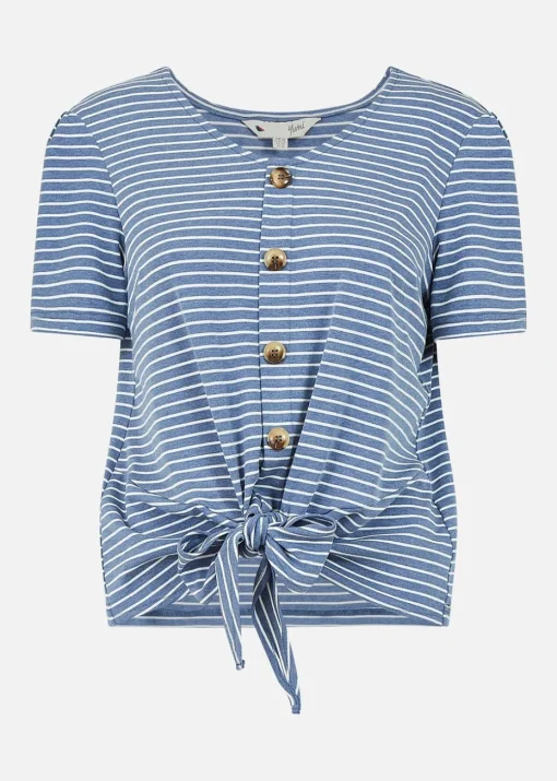 Yumi Blue Striped Jersey Button Detail Top
