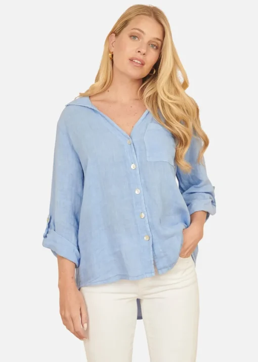 Yumi Blue Washed Linen  Relaxed Shirt