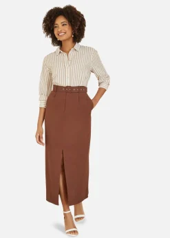 Yumi Brown Cotton Midi Skirt With Belt And Split Hem