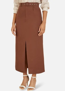 Yumi Brown Cotton Midi Skirt With Belt And Split Hem