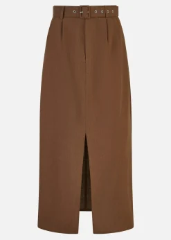 Yumi Brown Cotton Midi Skirt With Belt And Split Hem