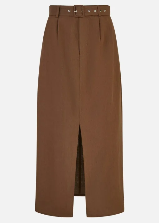 Yumi Brown Cotton Midi Skirt With Belt And Split Hem