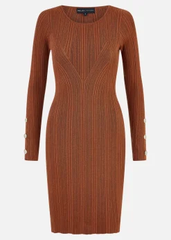Yumi Brown Shimmer Fitted Midi Dress With Button