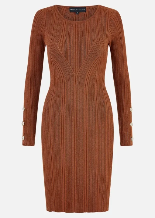 Yumi Brown Shimmer Fitted Midi Dress With Button