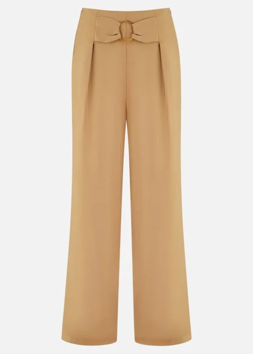 Yumi Brown Wide Leg trousers With Front Buckle Detail