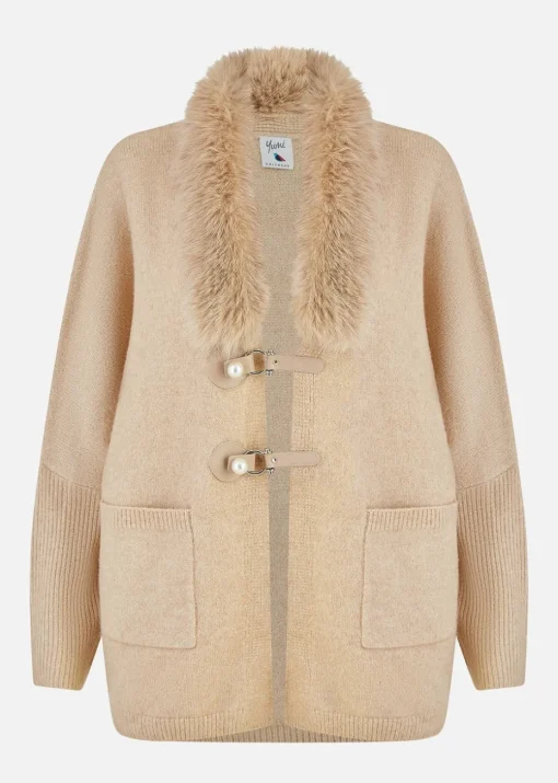 Yumi Camel Cardigan With Detachable Fur Collar Trim