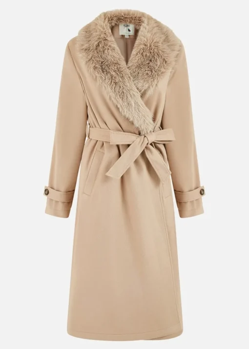 Yumi Camel Wrap Around Coat With Faux Fur Collar