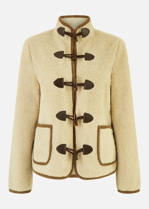Yumi Cream Borg Jacket With Faux Leather Button Details