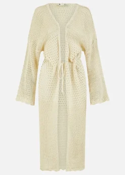 Yumi Cream Crochet Long Line Cardigan With Ties Front