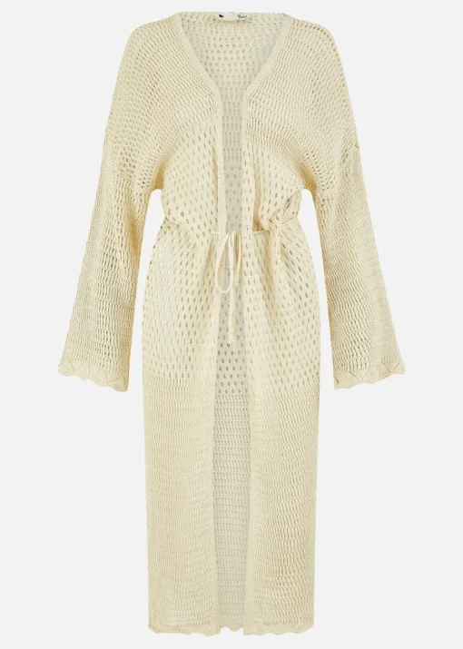 Yumi Cream Crochet Long Line Cardigan With Ties Front