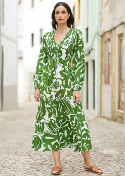 Yumi Green Abstract Print Ruched Midi Dress With Long Sleeves